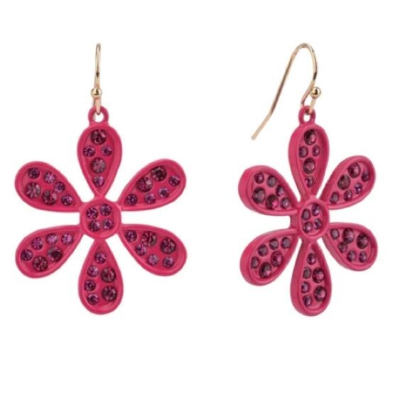 Isaac Mizrahi fuchia pink   flower rhinestone dangle earrings NWT - Picture 1 of 7